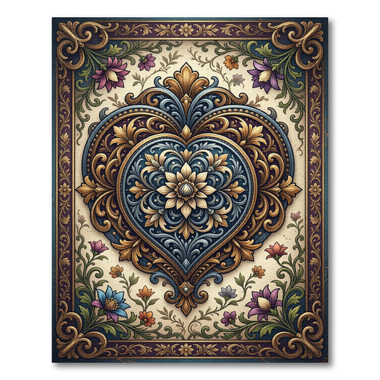 Ornate Sapphire Gold Heart Floral Medallion Rug