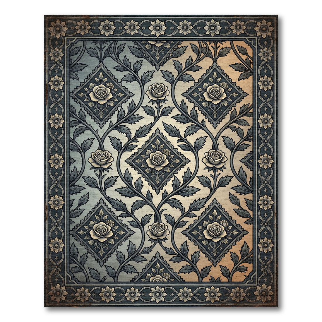 Vintage Rose Floral Diamond Bordered Rug