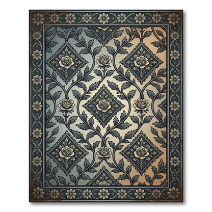 Vintage Rose Floral Diamond Bordered Rug