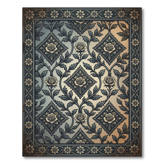 Vintage Rose Floral Diamond Bordered Rug
