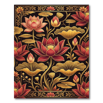 Golden Crimson Lotus Floral Art Rug