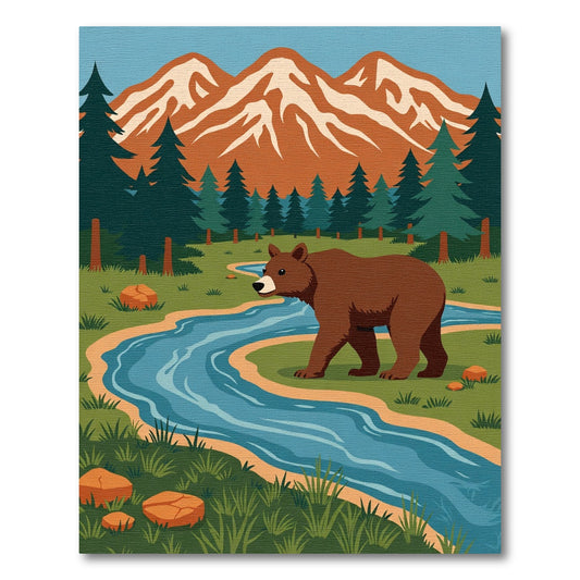 Rustic Brown Bear Winding River Mountains Rug