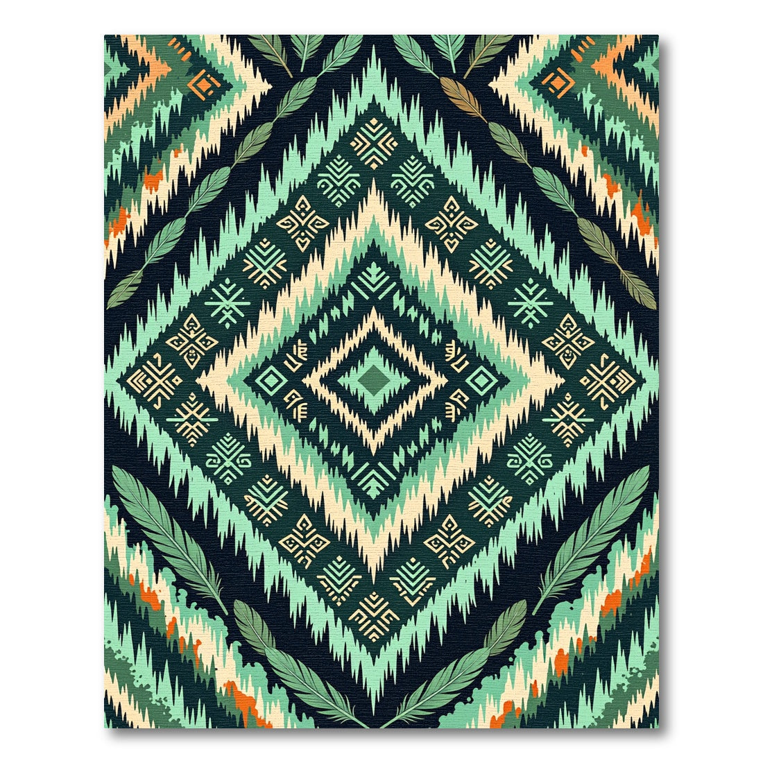 Teal Feathered Diamond Tribal Rug