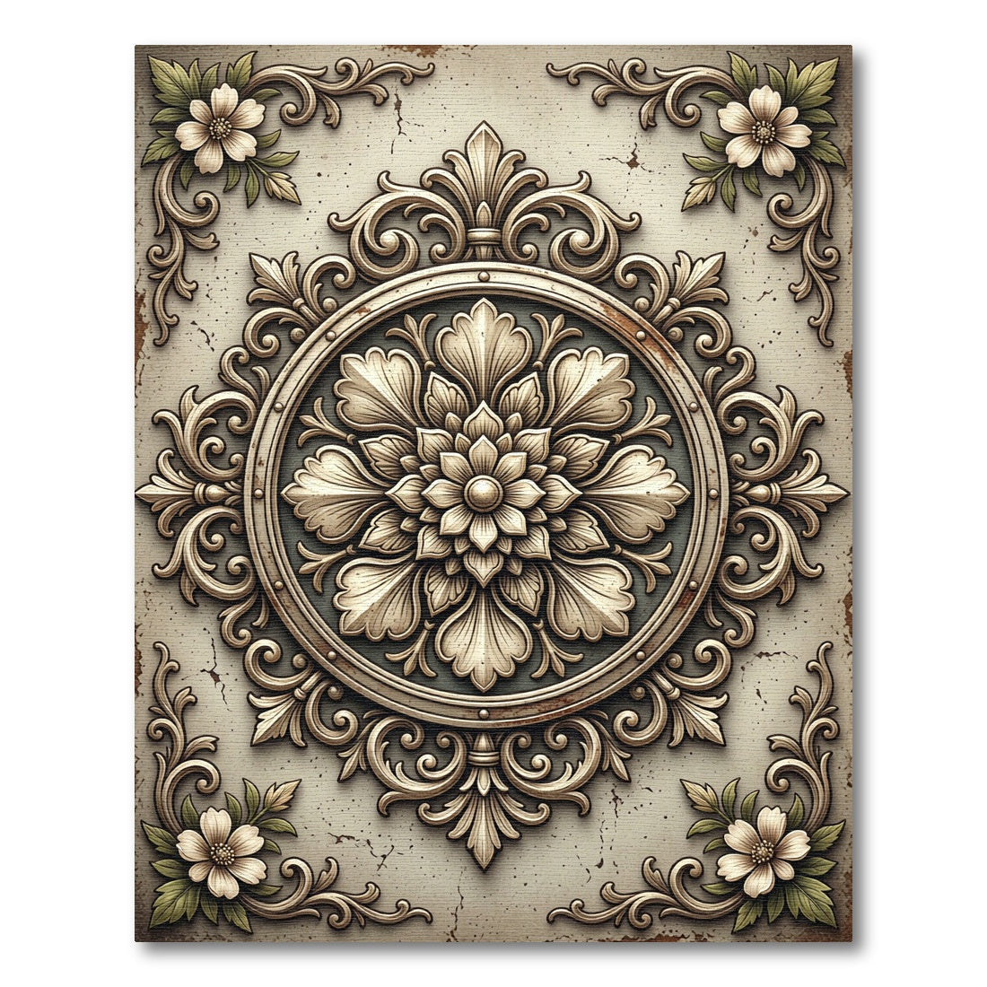 Antique Ivory Baroque Floral Medallion Rug
