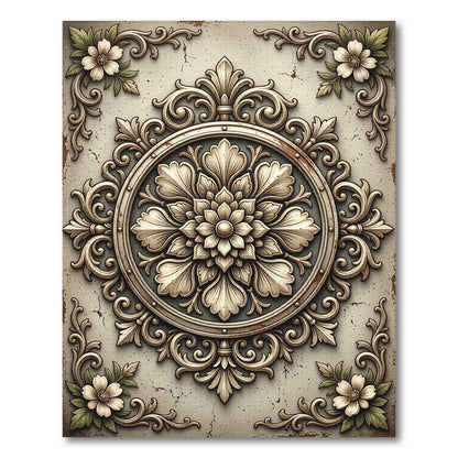 Antique Ivory Baroque Floral Medallion Rug