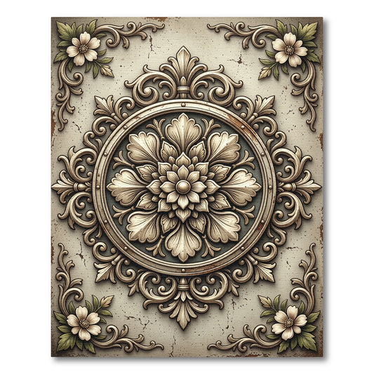 Antique Ivory Baroque Floral Medallion Rug