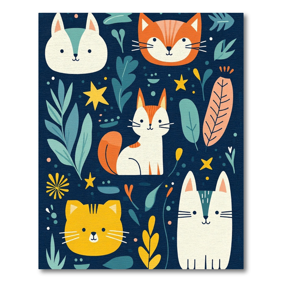 Whimsical Cats and Leaves Navy Rug