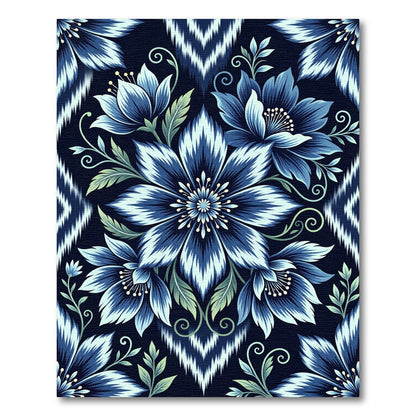 Deep Blue Floral Ikat Pattern Rug