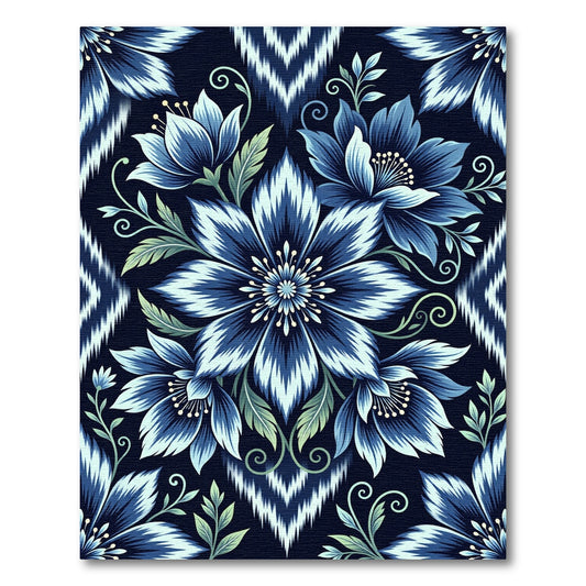 Deep Blue Floral Ikat Pattern Rug