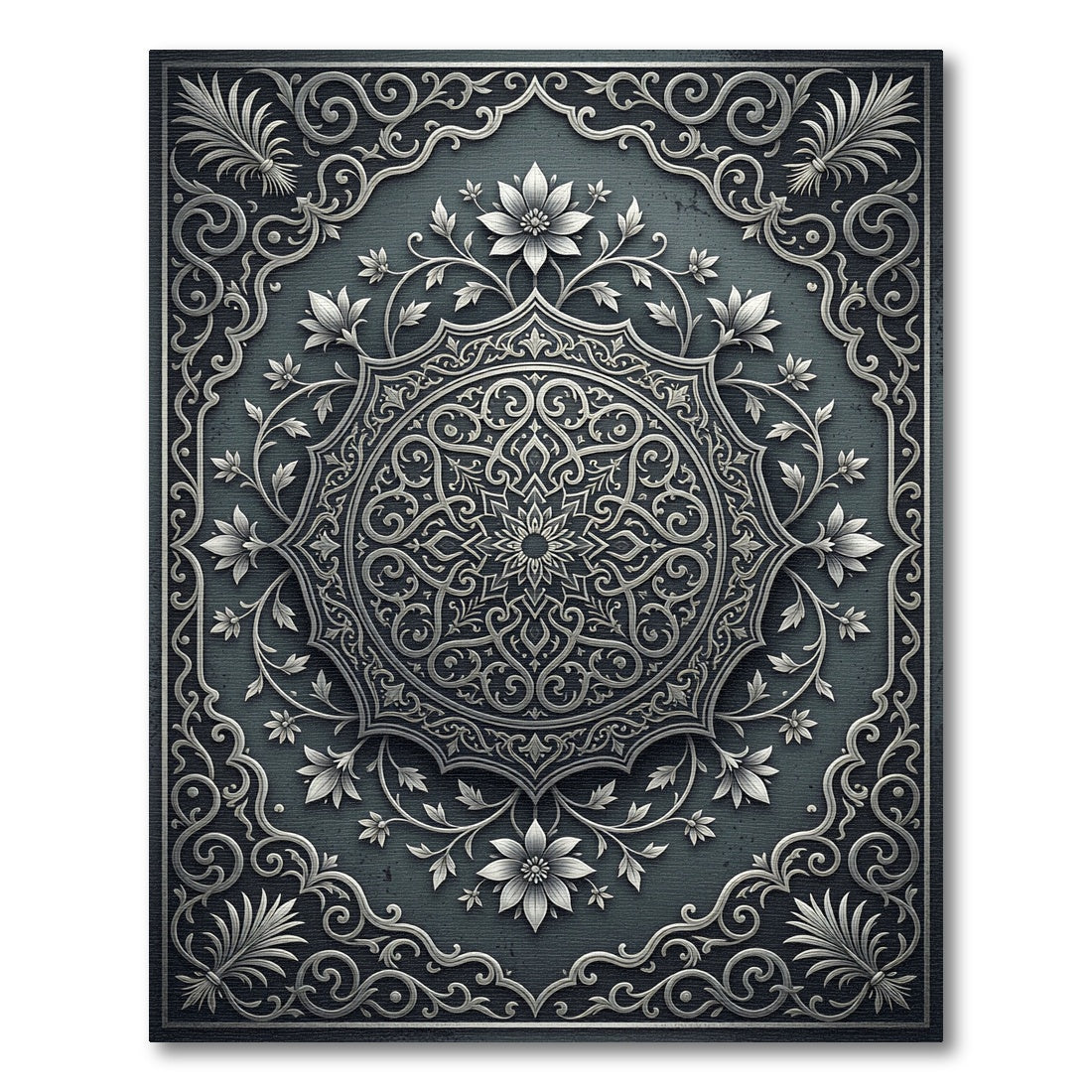 Ornate Silver Metallic Floral Medallion Rug