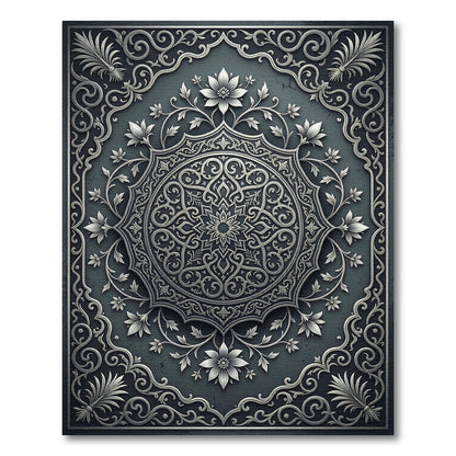 Ornate Silver Metallic Floral Medallion Rug