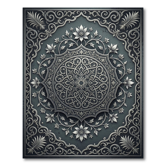 Ornate Silver Metallic Floral Medallion Rug