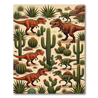 Playful Desert Dinosaur and Cactus Landscape Rug
