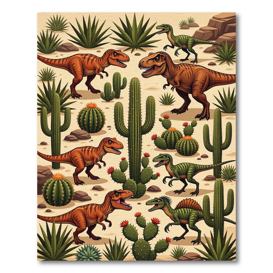 Playful Desert Dinosaur and Cactus Landscape Rug