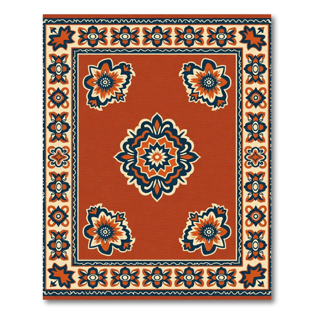 Burnt Orange Floral Medallion Border Rug