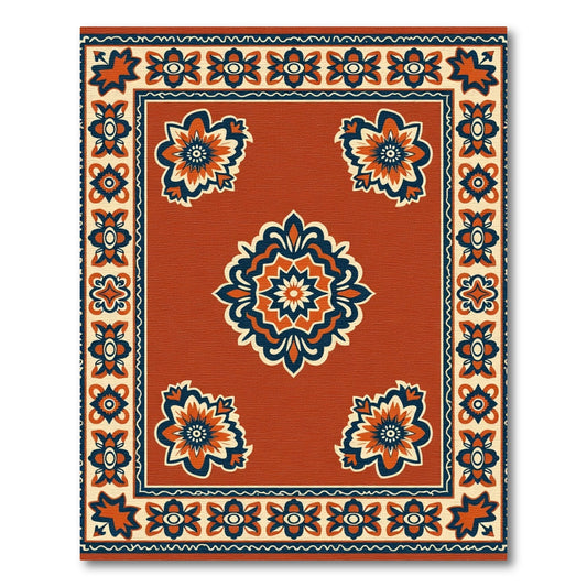 Burnt Orange Floral Medallion Border Rug