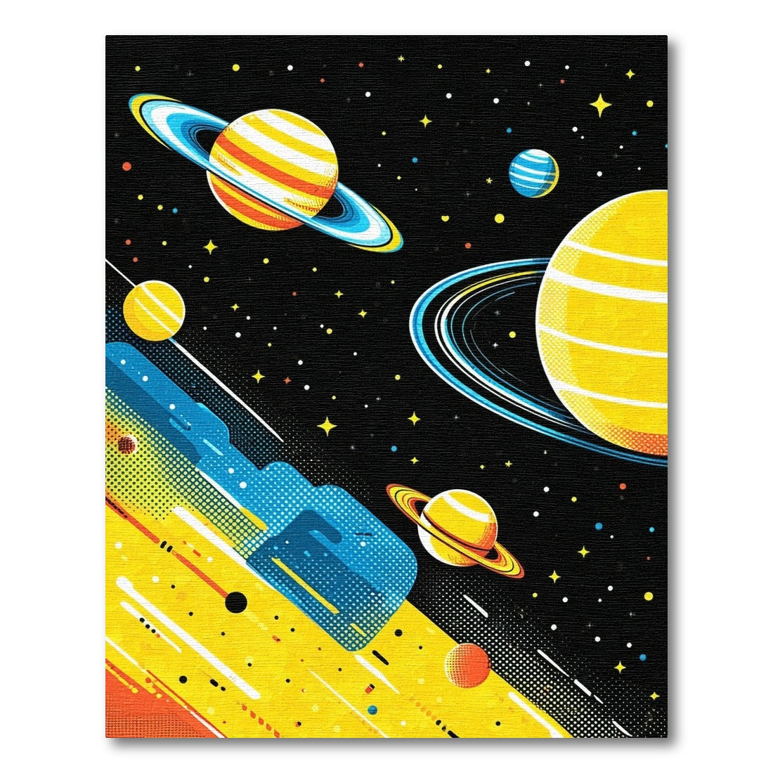 Vibrant Yellow Ringed Planets Stars Rug