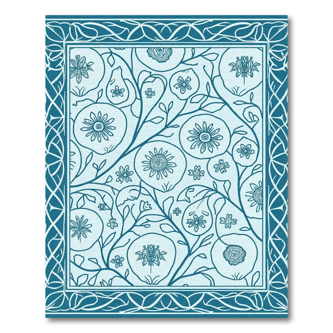 Teal Floral Vine Medallion Border Rug