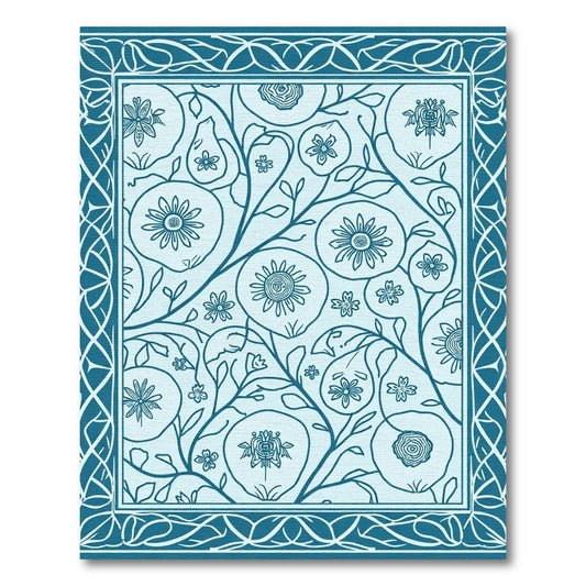 Teal Floral Vine Medallion Border Rug