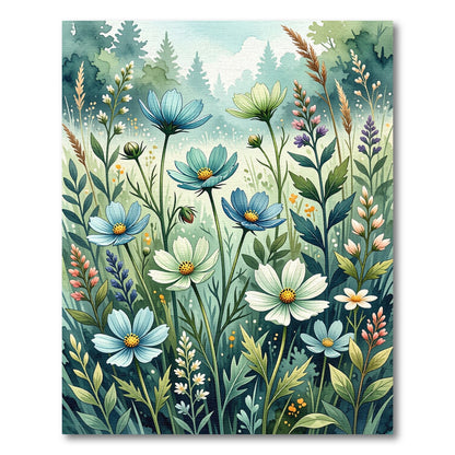 Watercolor Blue Wildflower Meadow Botanical Rug