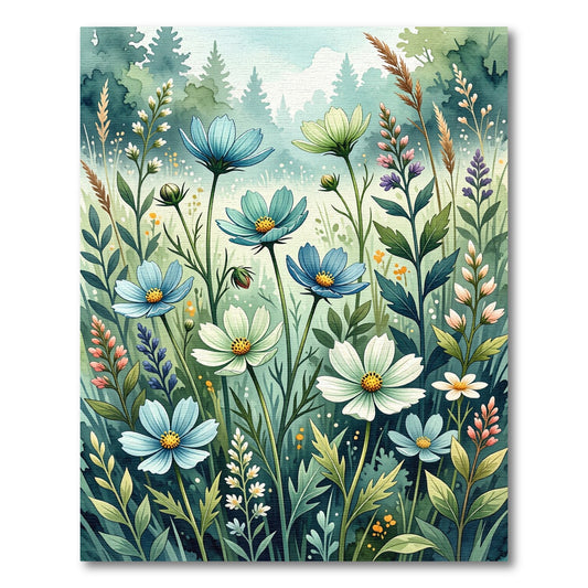 Watercolor Blue Wildflower Meadow Botanical Rug