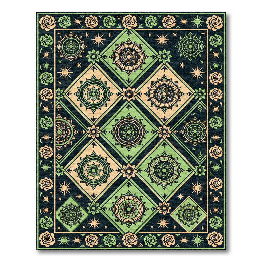 Sage Green Floral Geometric Star Medallion Rug