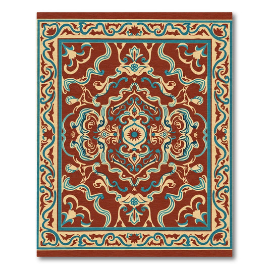 Terracotta Blue Cream Medallion Border Rug