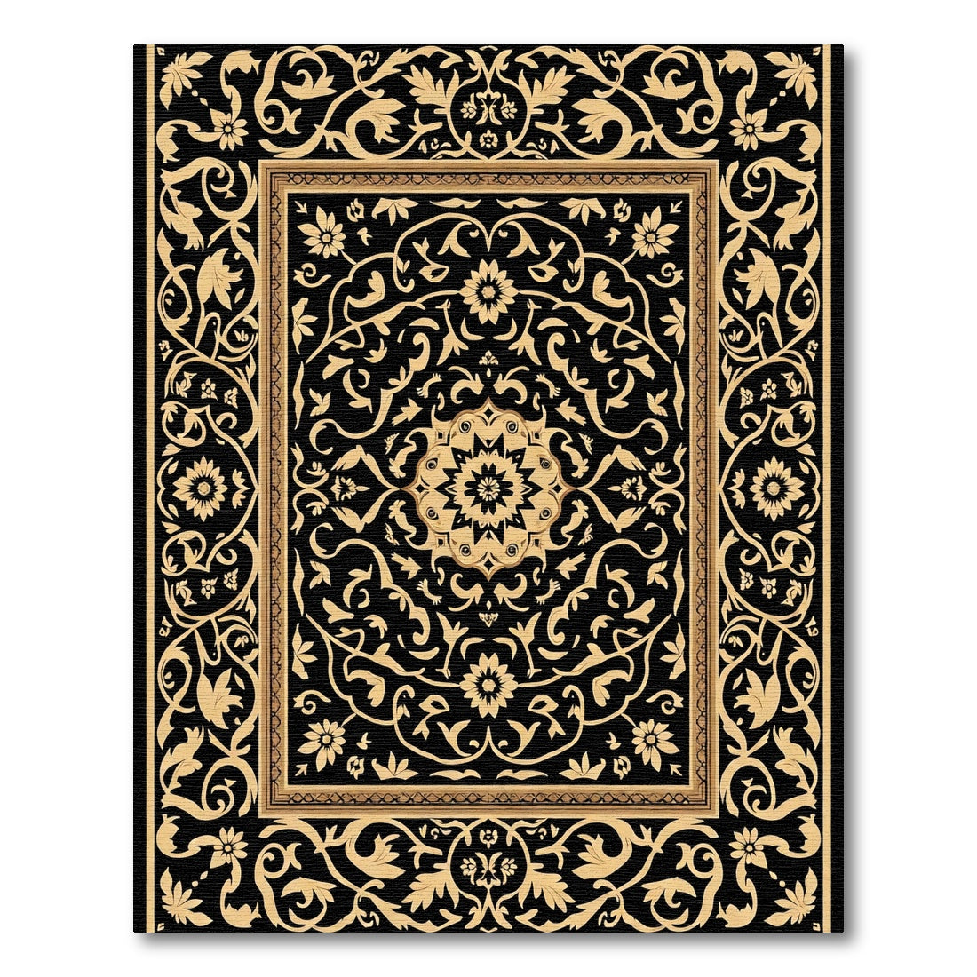 Ornate Gold Floral Medallion Black Rug