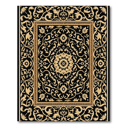 Ornate Gold Floral Medallion Black Rug