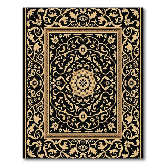Ornate Gold Floral Medallion Black Rug