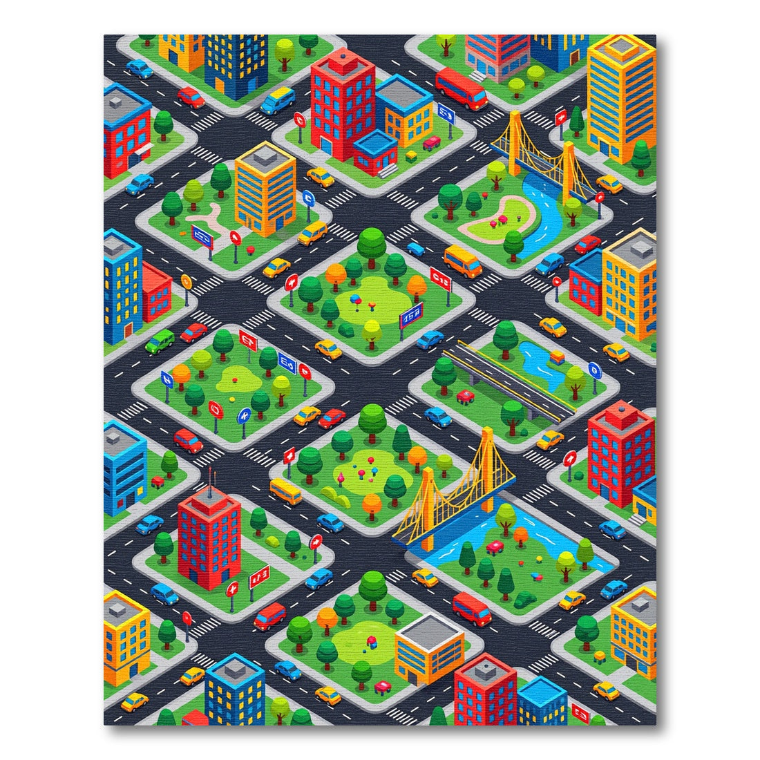 Colorful Isometric City Parks Bridge Rug
