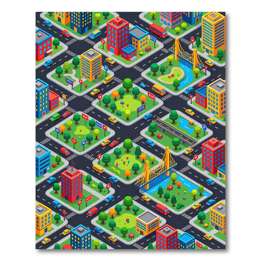Colorful Isometric City Parks Bridge Rug