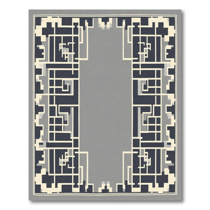 Modern Gray, Cream, Navy Geometric Frame Rug