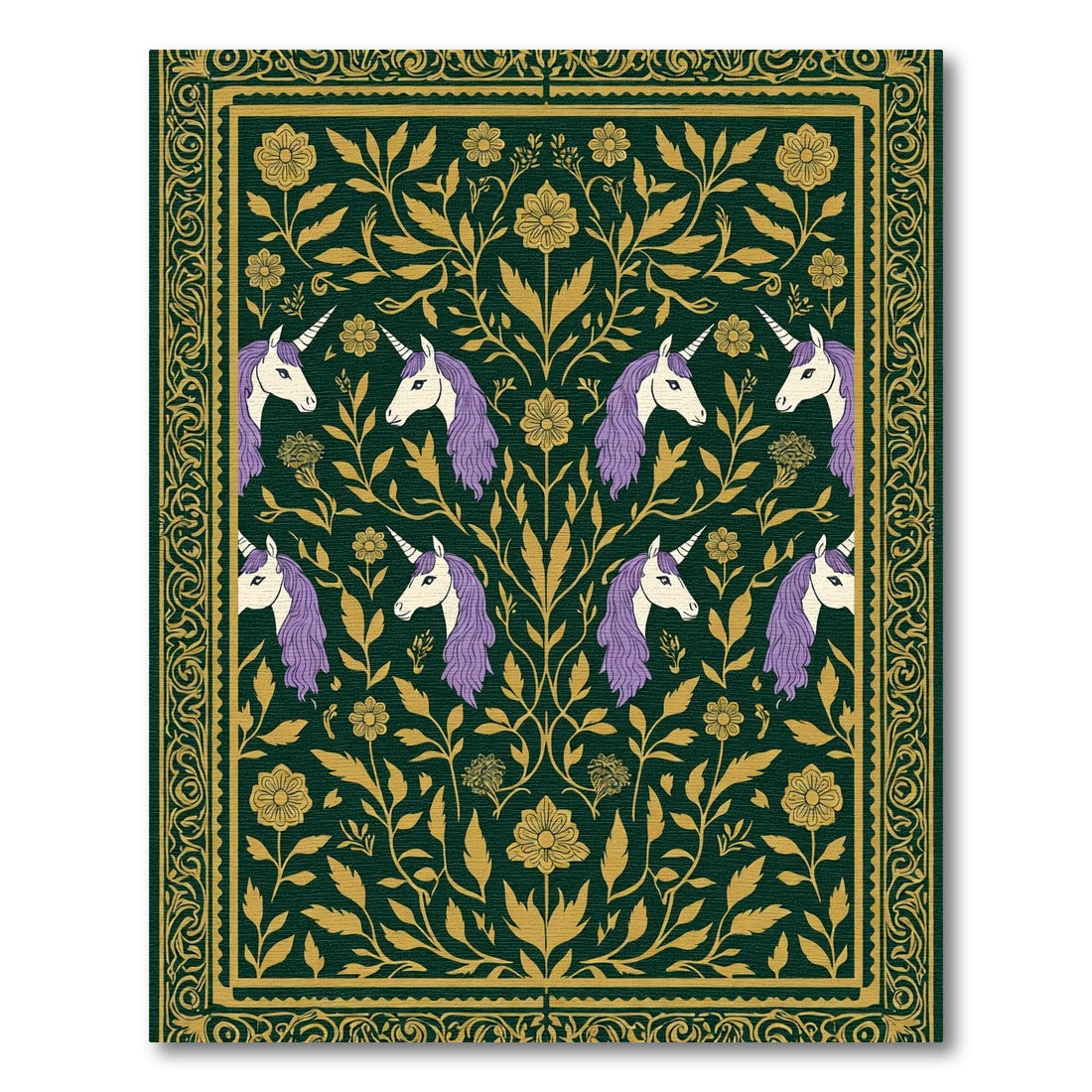 Dark Green Unicorn Floral Tapestry Rug