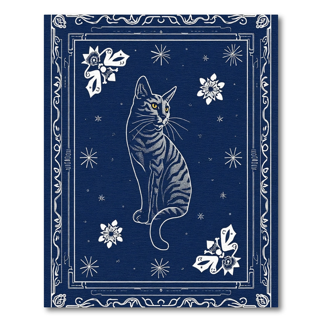 Deep Blue Tabby Cat Floral Charm Rug