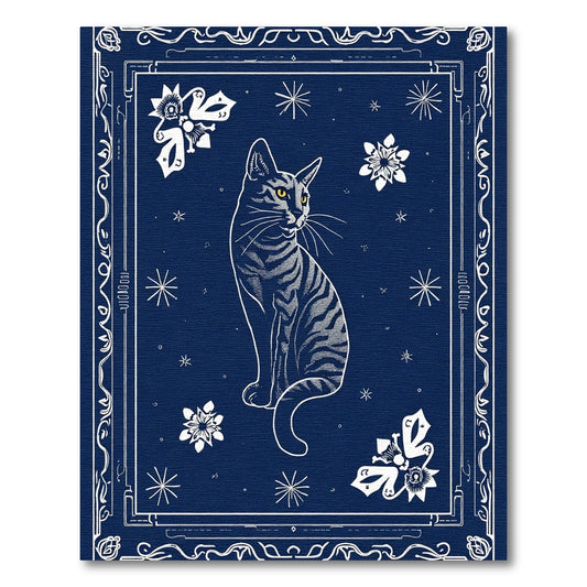 Deep Blue Tabby Cat Floral Charm Rug