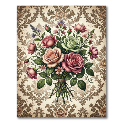 Vintage Romantic Rose Bouquet Damask Rug