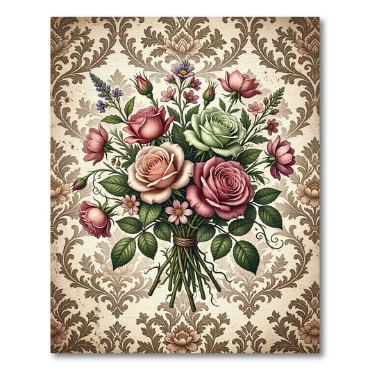 Vintage Romantic Rose Bouquet Damask Rug