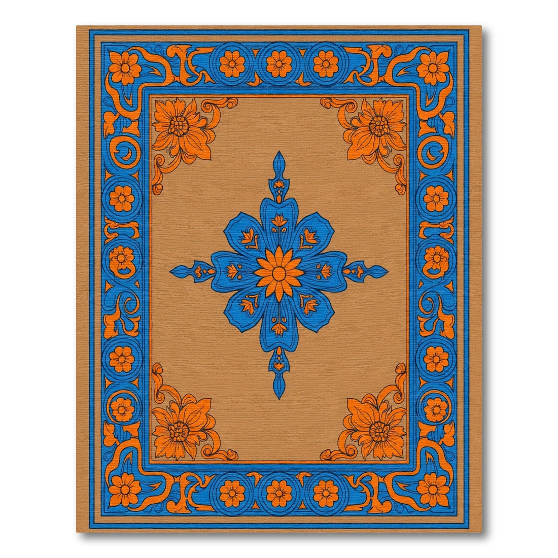 Orange Blue Floral Medallion Border Rug