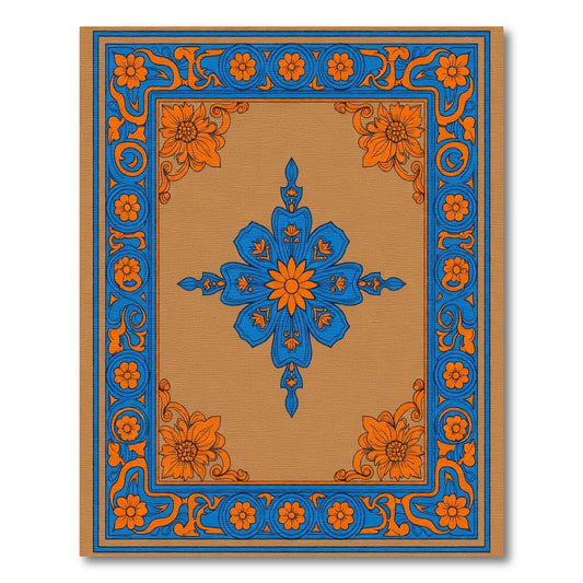 Orange Blue Floral Medallion Border Rug