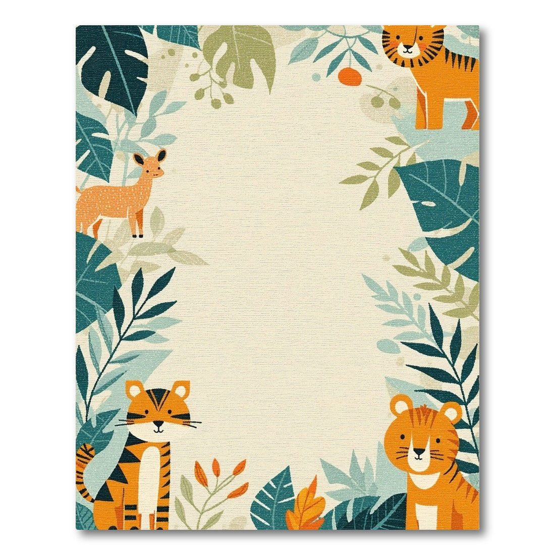 Playful Orange Tigers Deer Leafy Jungle Rug