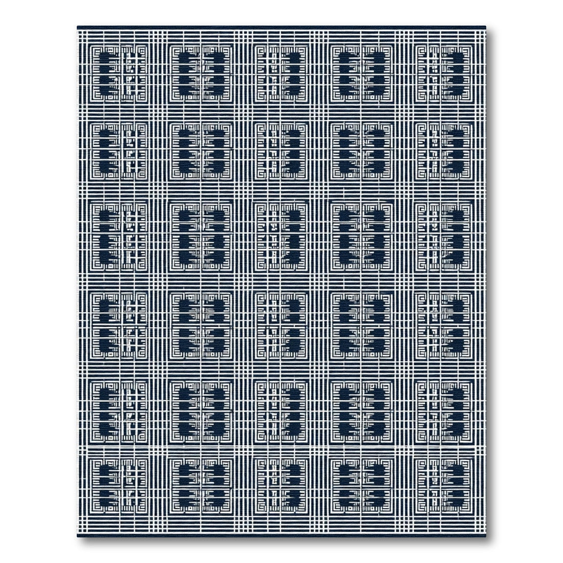 Classic Dark Blue Geometric Grid Rug