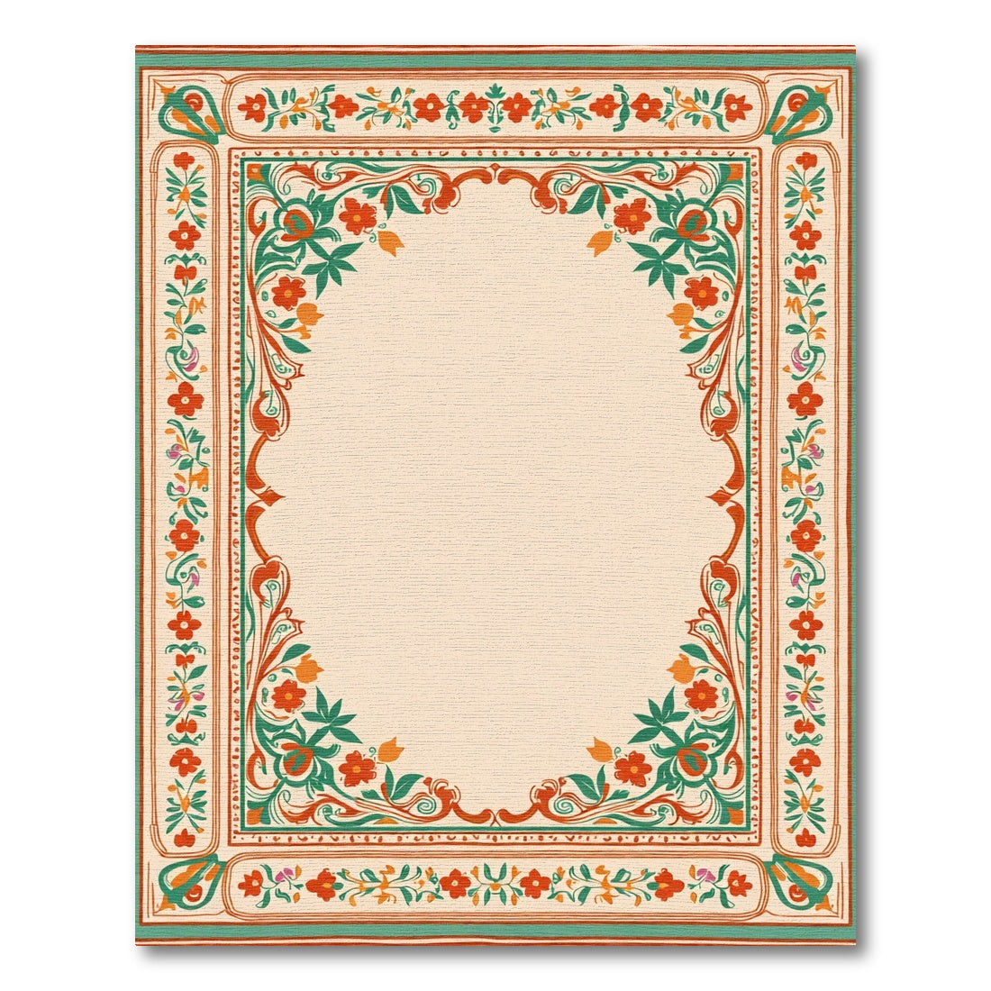 Vibrant Red Orange Green Floral Border Rug