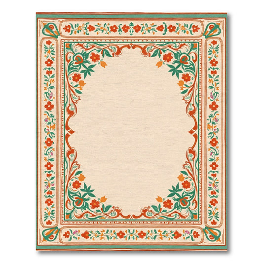 Vibrant Red Orange Green Floral Border Rug