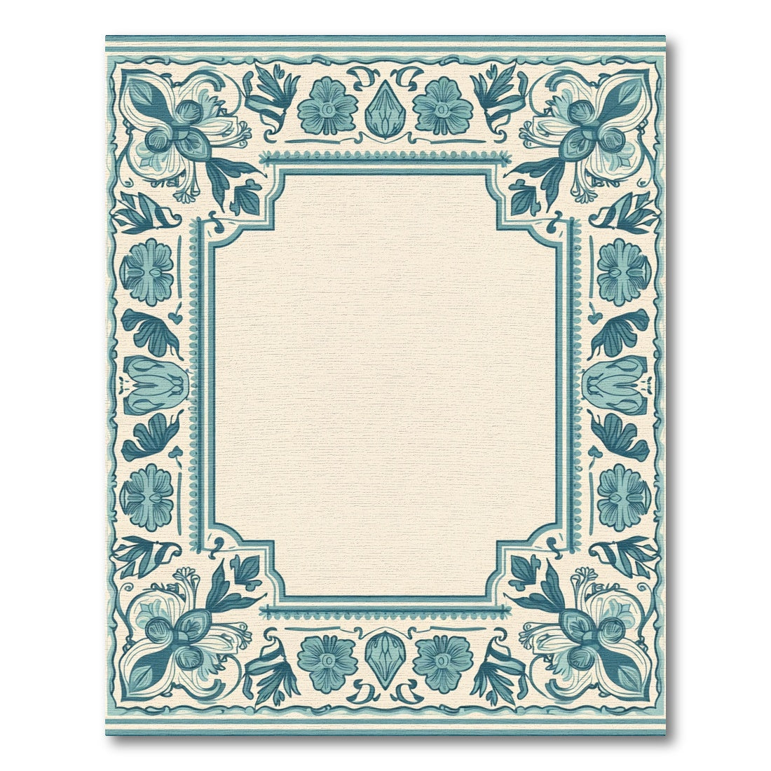 Coastal Teal Floral Medallion Border Rug