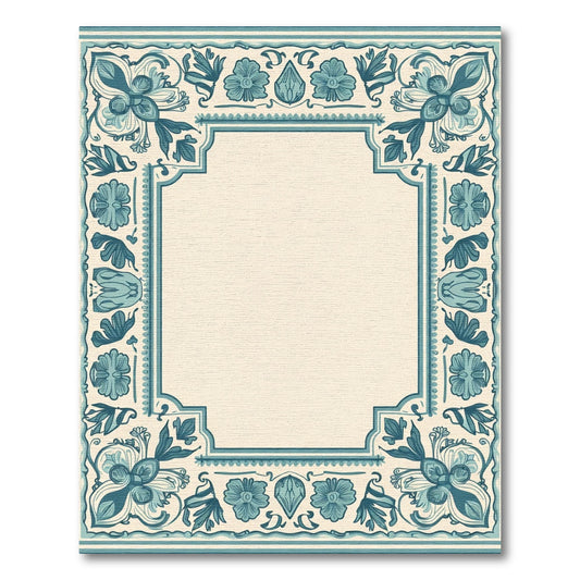 Coastal Teal Floral Medallion Border Rug